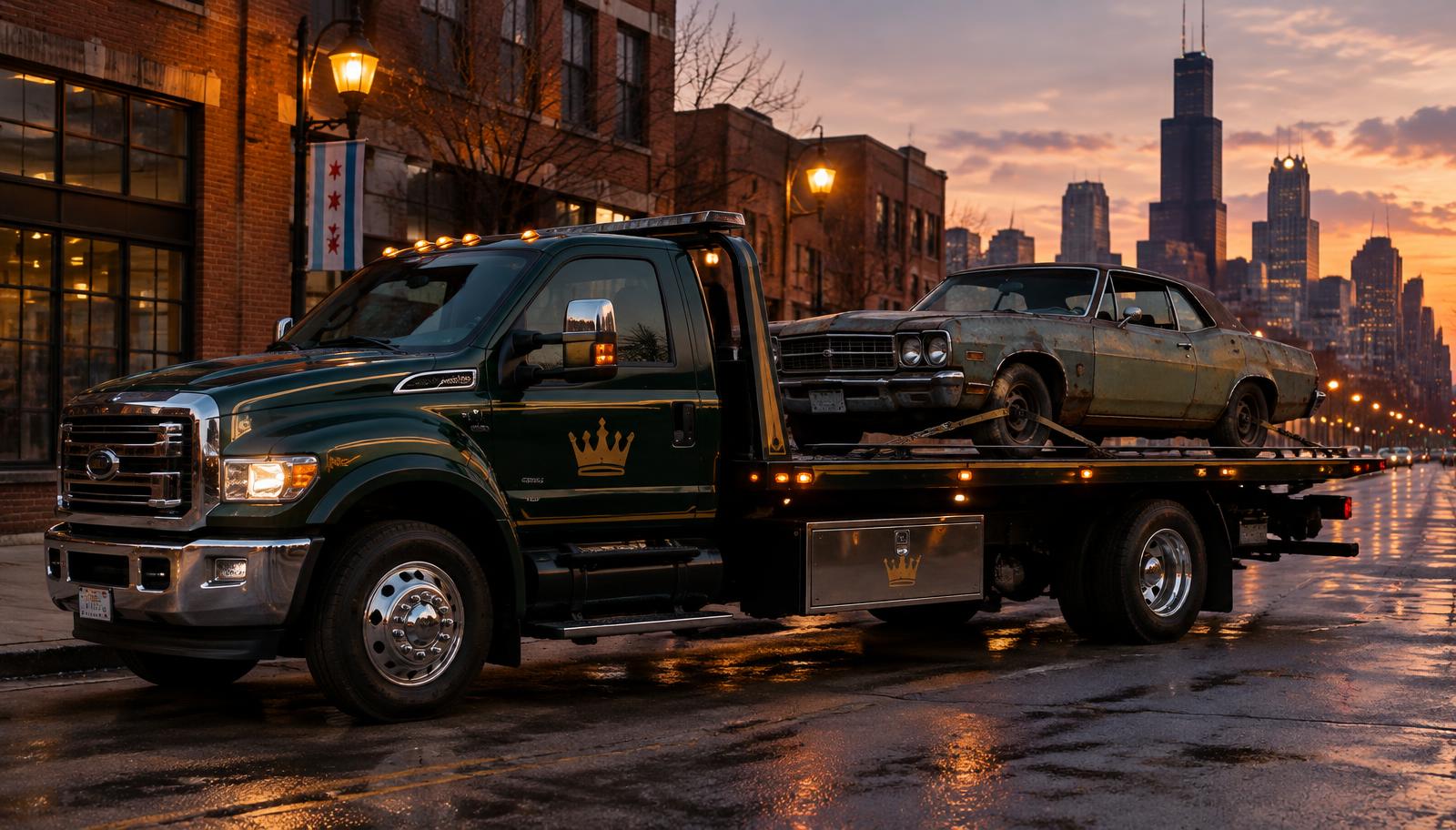 Flatbed tow truck hauling a junk car on a Chicago street at dusk